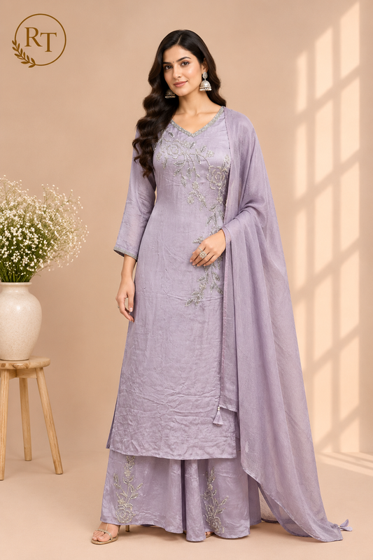Lavender Silver Bloom Straight-Cut Suit Set (RT1471)