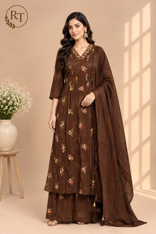 Chocolate Brown Floral A-Line Suit Set(RT1477)