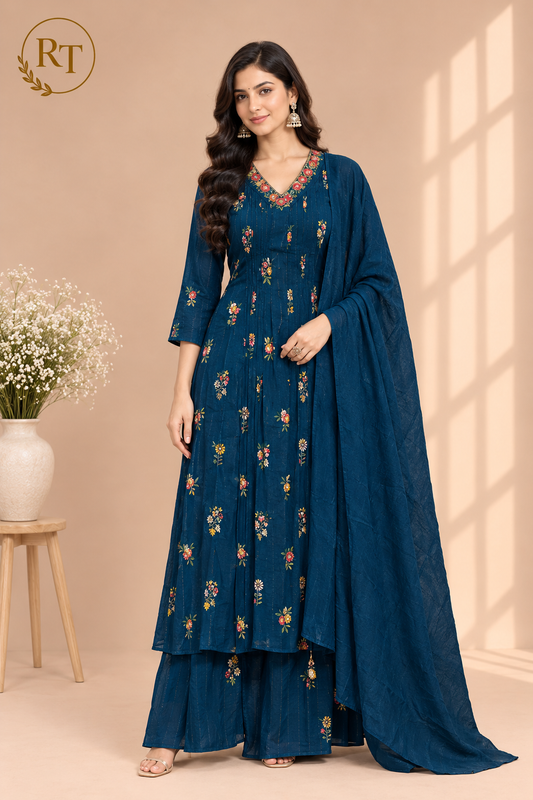 Deep Teal Floral A-Line Suit Set(RT1475)