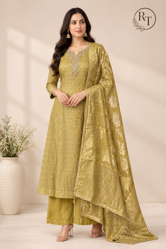 Golden Olive Floral Embellished A-Line Suit (RT1506)