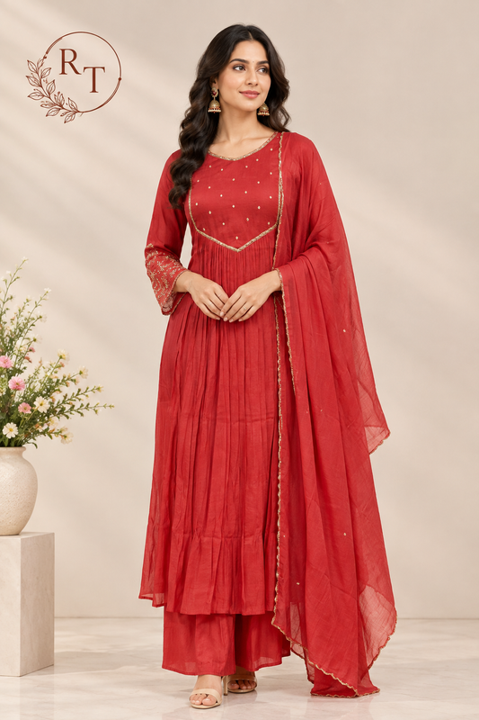 Rich Red A-Line Embroidered Mull Chanderi Suit (RT1501)