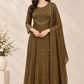 Olive Brown A-Line Embroidered Mull Chanderi Suit (RT1499)