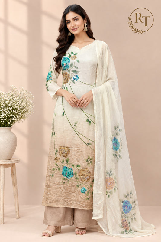 Ivory & Beige Floral Brush-Paint Chinon A-Line Suit Set (RT1495)
