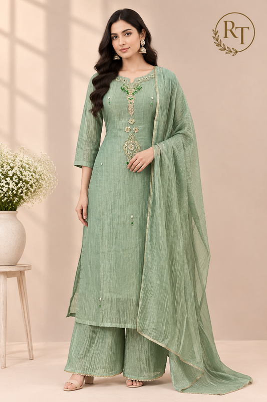Sage Charm Salsa Embroidered Palazzo Suit (RT1496)