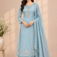 Powder Blue Embroidered Chinon Straight-Cut Kurta & Sharara Set (RT1489)