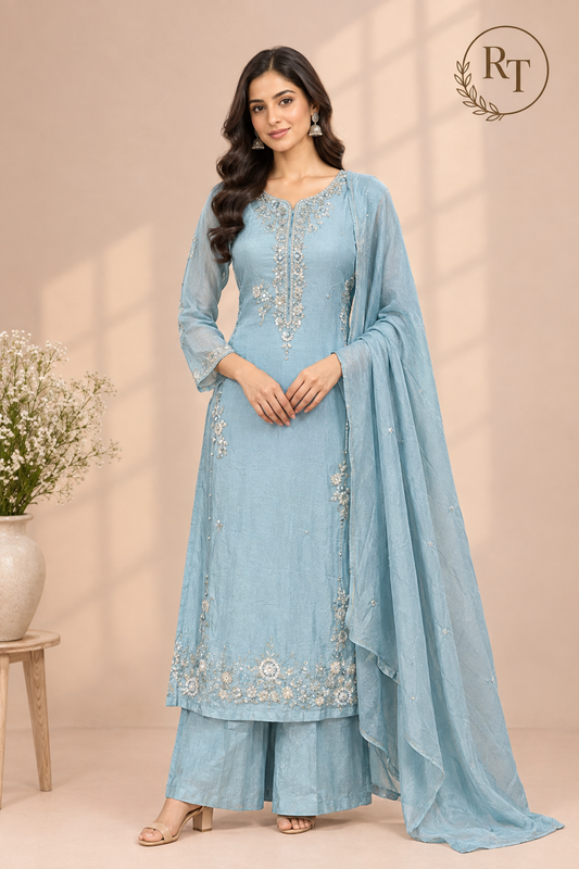 Powder Blue Embroidered Chinon Straight-Cut Kurta & Sharara Set (RT1489)