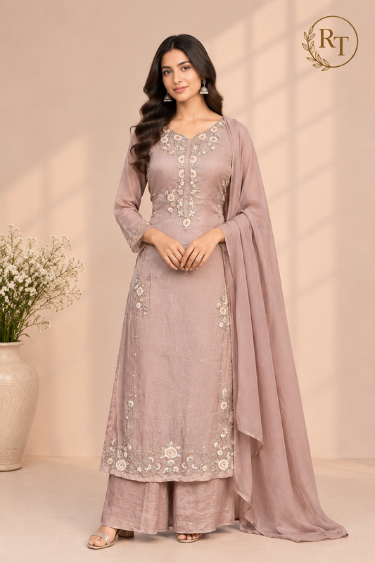 Dusty Rose Embroidered Chinon Straight-Cut Kurta & Sharara Set (RT1489)