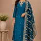 Teal Majesty Russian Silk Embroidered A-Line Suit Set (RT1418)