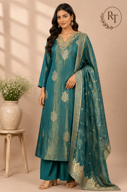 Teal Royale Russian Silk Embroidered A-Line Suit Set (RT1419)