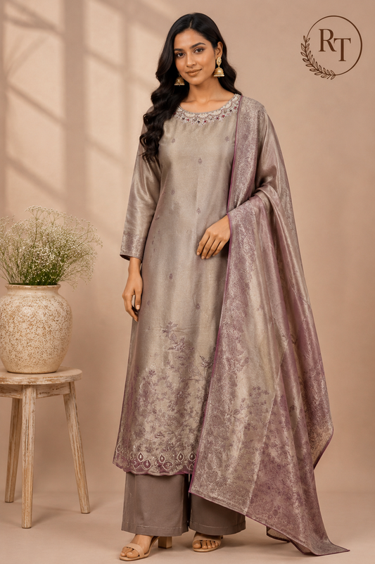 Pearl Mauve Tissue Embroidered Straight Suit Set (RT1422)