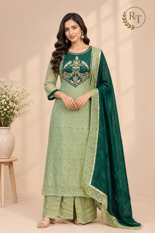 Green & Dark Green Embroidered Salsa A-Line Suit Set (RT1507)