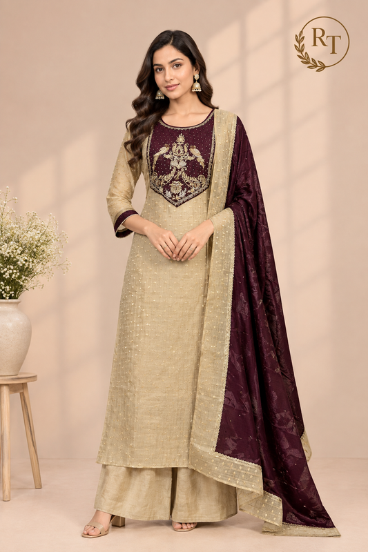 Beige & Brown Embroidered Salsa A-Line Suit Set (RT1508)