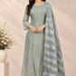 Silver Mist Embroidered A-Line Suit Set with Striped Dupatta (RT1510)