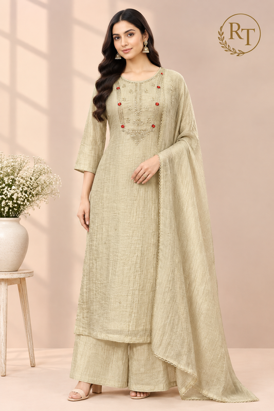 Champagne Beige Salsa Embroidered 3-Piece Straight-Cut Suit Set (RT1513)