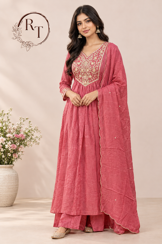 Rose Pink Floral Embroidered A-Line Suit (RT1518)