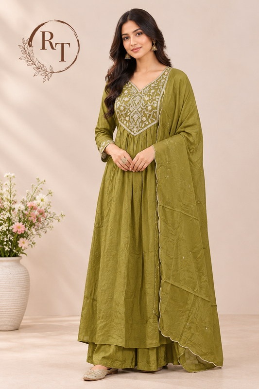 Olive Green Floral Embroidered A-Line Suit (RT1519)
