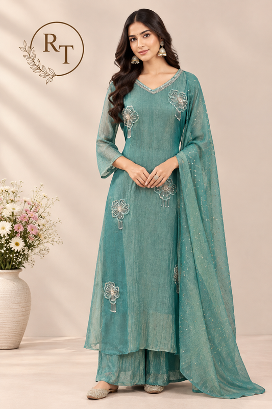 Teal Blue Floral Embroidered A-Line Suit (RT1523)