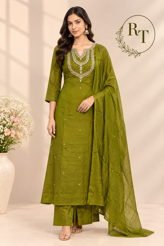 Olive Green Embroidered Mull Chanderi A-Line Suit Set (RT1537)
