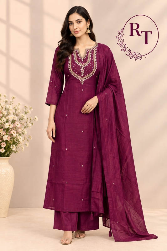 Wine Plum Embroidered Mull Chanderi A-Line Suit Set (RT1536)