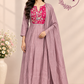 Rosewood Pink A-Line Embroidered Mull Chanderi Suit Set (RT1535)