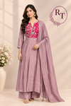 Rosewood Pink A-Line Embroidered Mull Chanderi Suit Set (RT1535)
