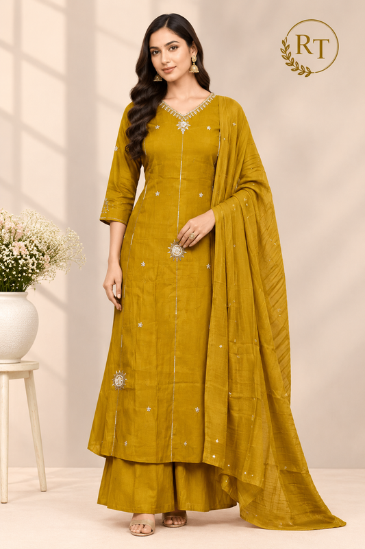Golden Mustard Charm Mull Chanderi Embroidered 3-Piece Suit Set (RT1541)