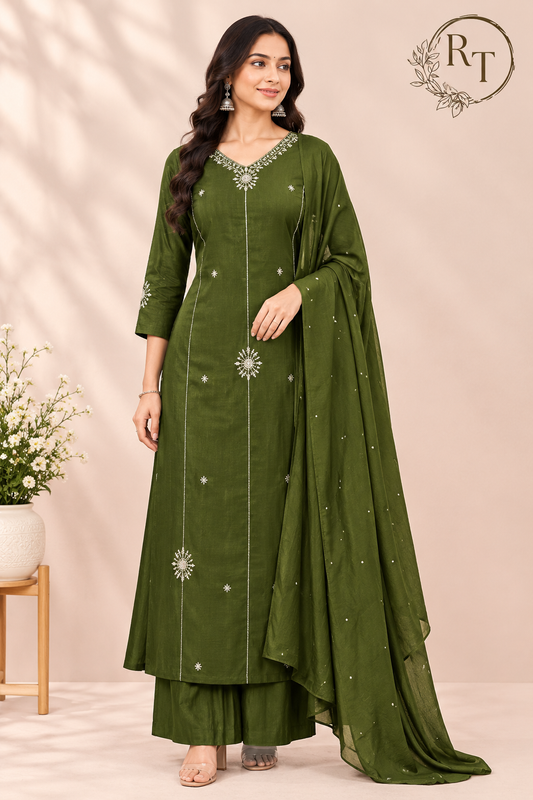 Olive Green Grace Mull Chanderi Embroidered 3-Piece Suit Set (RT1540)