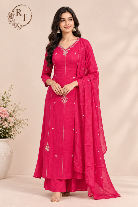 Rani Pink Royale Mull Chanderi Embroidered 3-Piece Suit Set (RT1542)