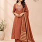 Terracotta Floral Grace – Premium Mull Chanderi A-Line 3 Piece Suit Set (RT1427)