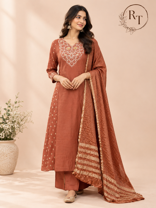 Terracotta Floral Grace – Premium Mull Chanderi A-Line 3 Piece Suit Set (RT1427)