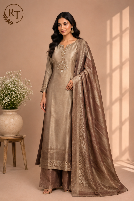 Mocha Royale Premium Tissue Shimmer Embroidered Suit Set (1423)