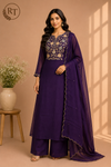 Royal Plum Premium Mull Chanderi Floral Embroidered Suit Set (RT1425)