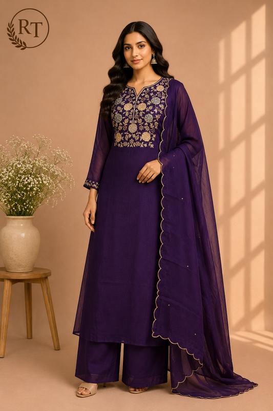 Royal Plum Premium Mull Chanderi Floral Embroidered Suit Set (RT1425)