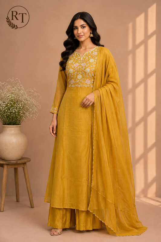 Mustard Bloom Premium Mull Chanderi Embroidered Suit Set (RT1424)