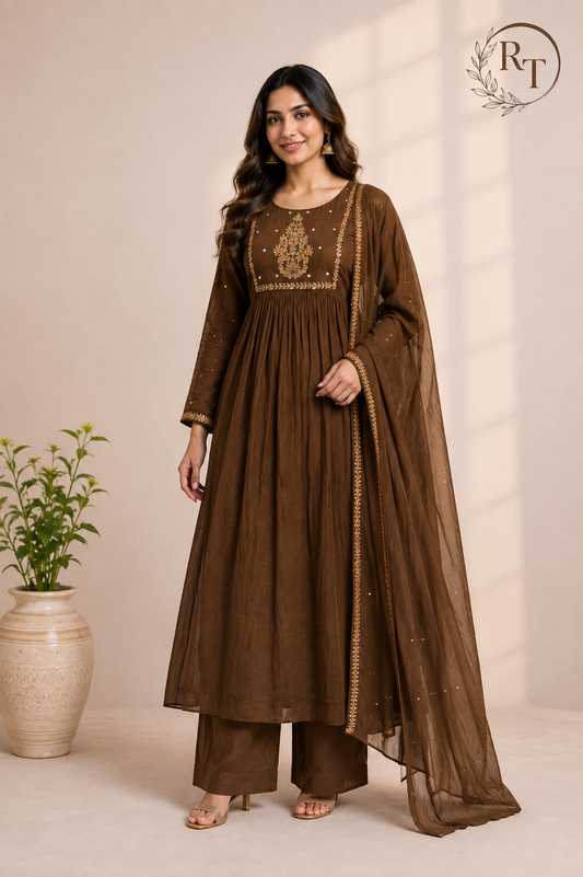 Chocolate Floral A-Line Mull Chanderi Set (RT1440)