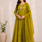 Olive Green Floral A-Line Mull Chanderi Set (RT1439)