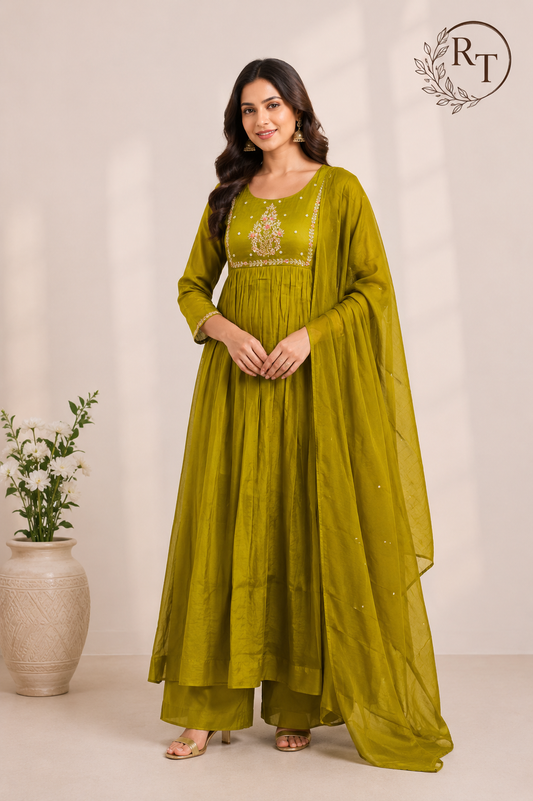 Olive Green Floral A-Line Mull Chanderi Set (RT1439)