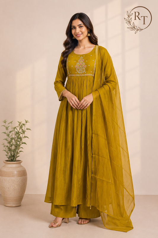 Mustard Bloom A-Line Mull Chanderi Set (RT1438)