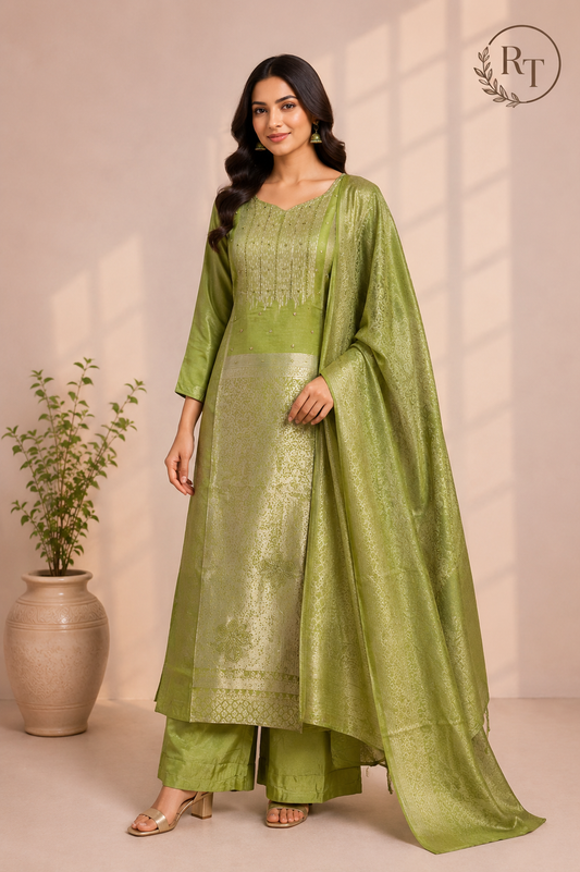Elegant Lime Green Tissue Silk Straight-Cut 3-Piece Set (RT1433)