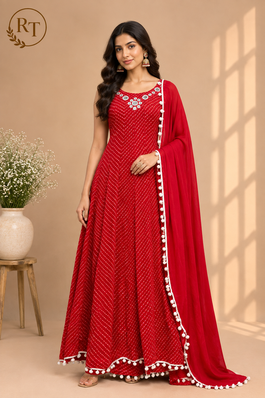Ruby Red Mirrorwork Georgette Anarkali Set (RT1445)
