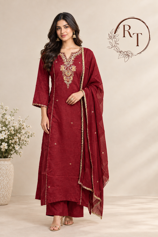 Burgundy Royale Premium Mull Chanderi A-Line Suit Set (RT1456)