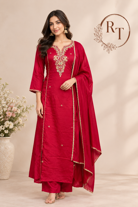 Crimson Heritage Premium Mull Chanderi A-Line Suit Set (RT1455)