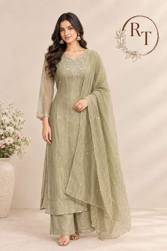 Sage Green Embroidered Salsa A-Line Suit Set with Dupatta (RT1453)