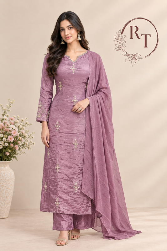 Mauve Embroidered Chinon A-Line Suit Set (RT1452)