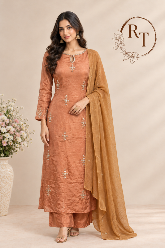 Peach Embroidered Chinon A-Line Suit Set (RT1451)