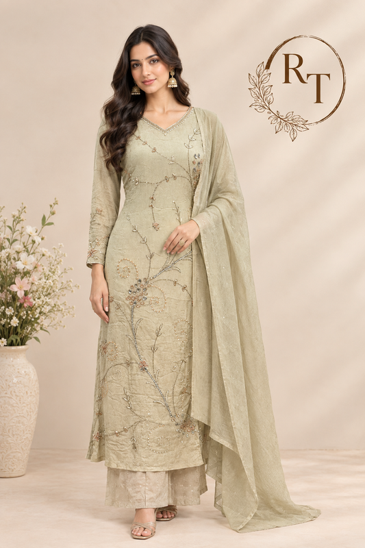 Sage Green Chinon A-Line Embroidered Suit Set (RT1450)