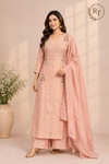 Blush Petal Embroidered Mull Chanderi A-Line Set (RT1460)