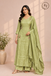 Pistachio Petal Embroidered Mull Chanderi A-Line Set (RT1459)