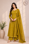 Golden Marigold Embroidered Mull Chanderi A-Line Set (RT1457)