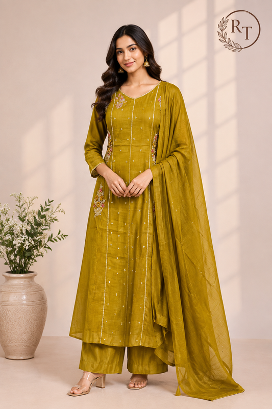 Golden Marigold Embroidered Mull Chanderi A-Line Set (RT1457)